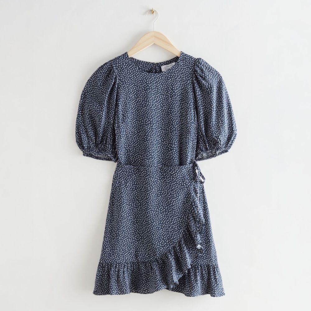 NWT & Other Stories Ruffled Puff Sleeve Mini Dress Navy Blue & White US Size 6